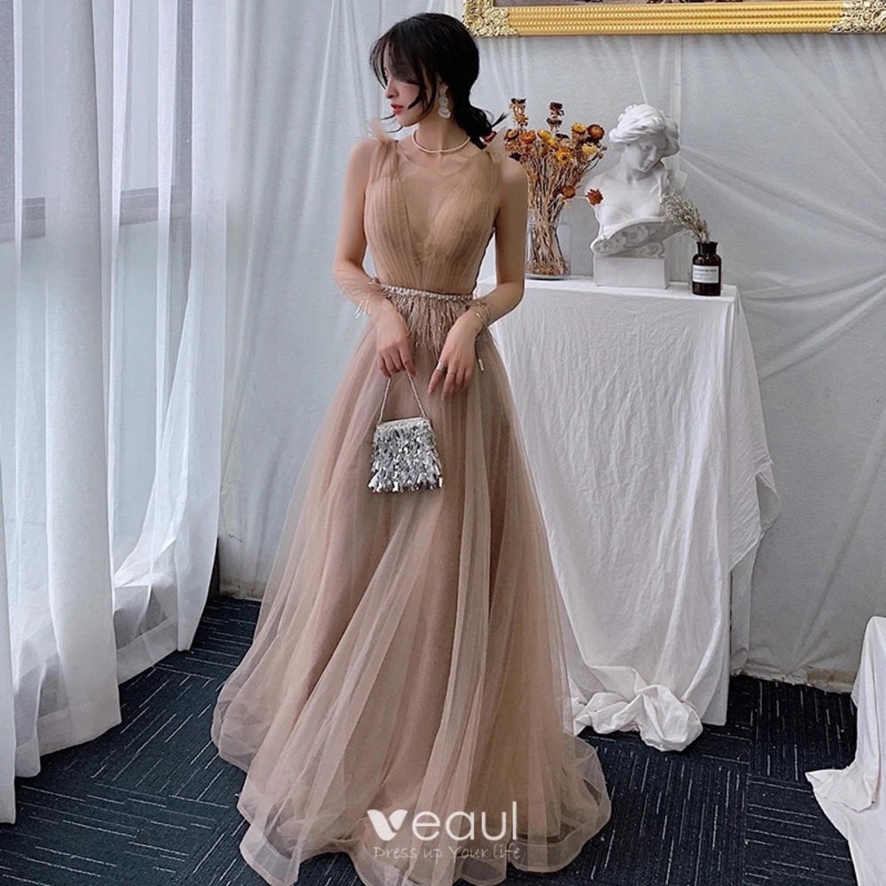 Elegant Champagne A-Line Long Ruffle Evening Dress / Gown / Princess Dre…